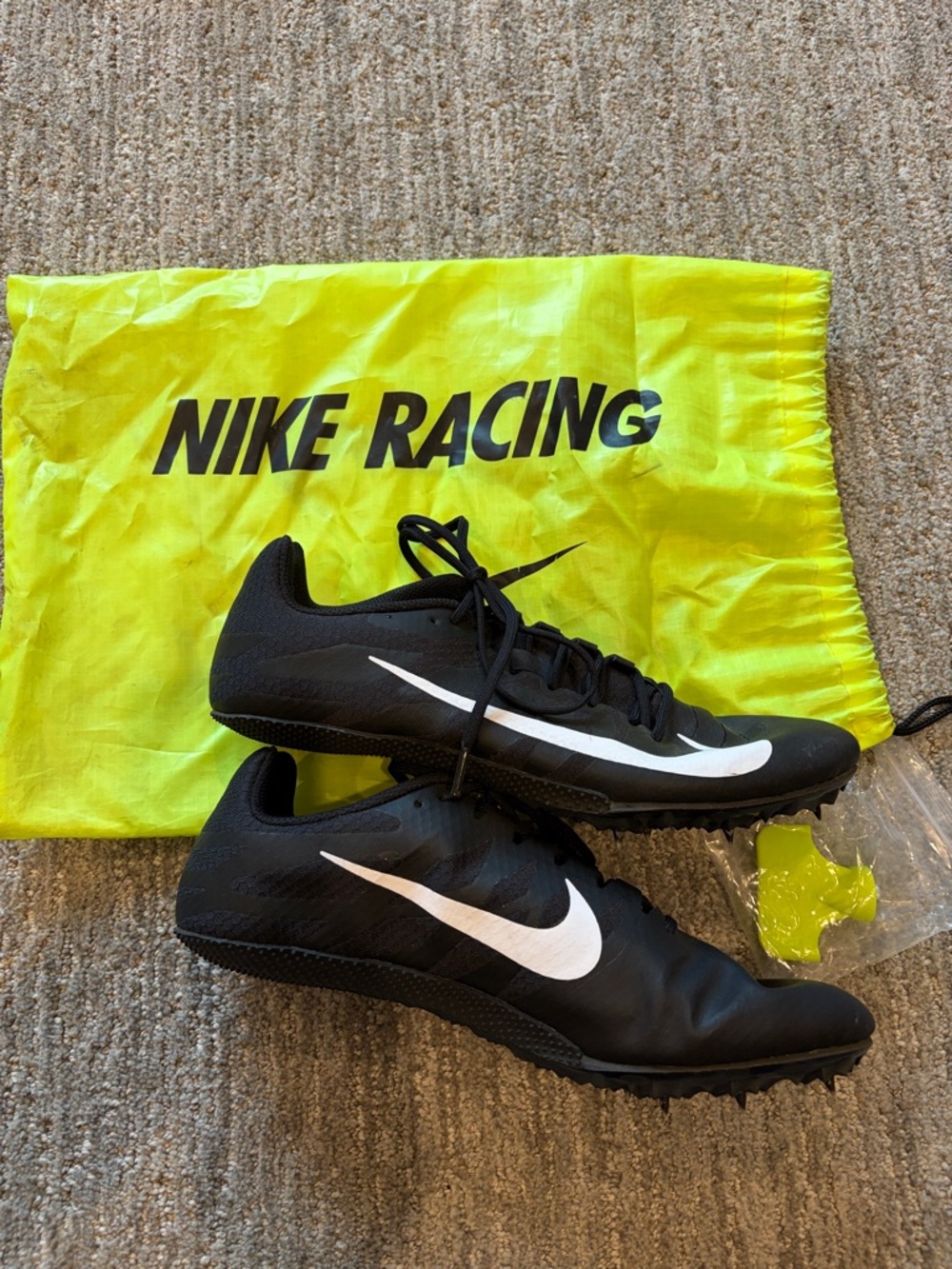 Nike Black and White Racing Track Spikes with Neon Yellow Bag